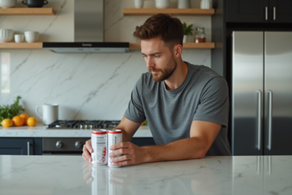 Jeune homme sportif lisant étiquettes d energy drinks