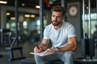 Jeune homme en salle de sport note dans un journal diet