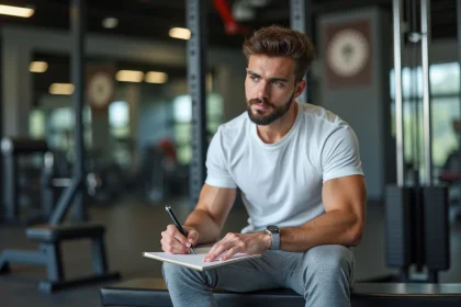 Jeune homme en salle de sport note dans un journal diet