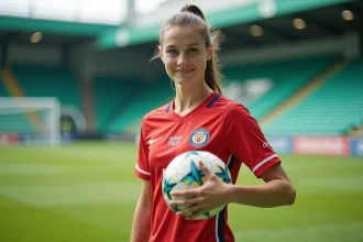 Jeune joueuse de football féminin en tenue de club tenant un ballon sur un terrain d'entraînement professionnel, regard confiant vers l'objectif