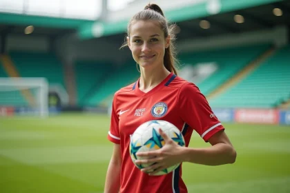 Jeune joueuse de football féminin en tenue de club tenant un ballon sur un terrain d'entraînement professionnel, regard confiant vers l'objectif