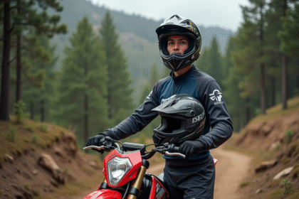 Jeune homme en équipement motocross avec moto 125cc en forêt