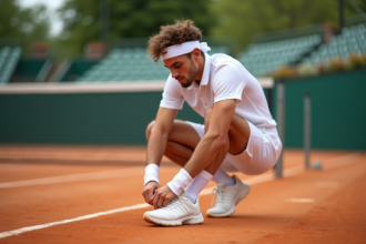 Jeune joueur de tennis en train de lacer ses chaussures sur un court en terre battue