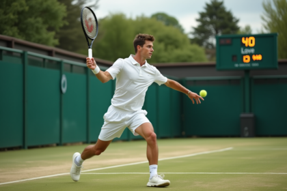 Jeune joueur de tennis en action sur court vintage