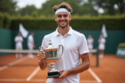 Jeune joueur de tennis avec trophée sur court en plein air