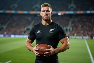 Joueur des All Blacks tenant un ballon de rugby sur le terrain du stade, maillot noir avec fougère argentée