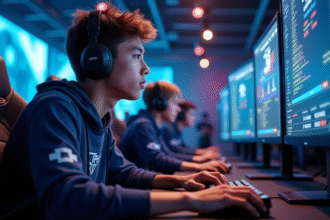 Jeune homme en jersey esport et casque en pleine partie