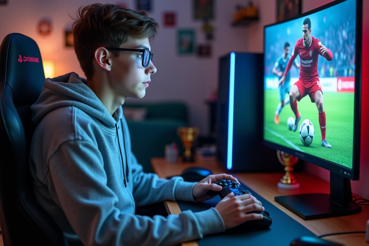 Jeune joueur de jeu vidéo football exécutant un geste technique sur FC 25 avec une manette PlayStation devant un écran de gaming