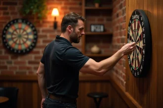 Joueur de fléchettes adulte en position de lancer visant un tableau de jeu en sisal dans une salle de jeux style pub