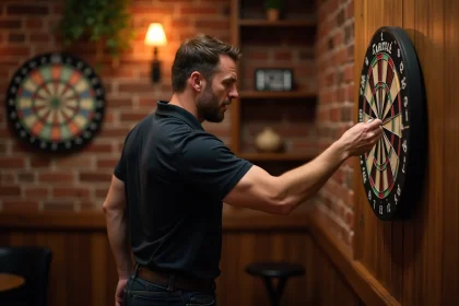 Joueur de fléchettes adulte en position de lancer visant un tableau de jeu en sisal dans une salle de jeux style pub