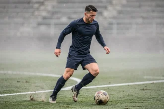 Joueur de football professionnel en entraînement sur un terrain mouillé, dribblant avec concentration, évoquant la préparation au retour au plus haut niveau