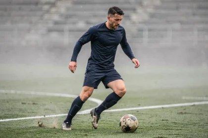 Joueur de football professionnel en entraînement sur un terrain mouillé, dribblant avec concentration, évoquant la préparation au retour au plus haut niveau