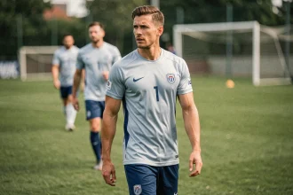 Joueur de football professionnel en tenue d'entraînement marchant sur un terrain de football, illustrant le salaire et la hiérarchie d'un défenseur international