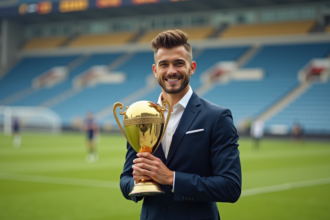 Jeune joueur de football en costume tenant un trophée d'or