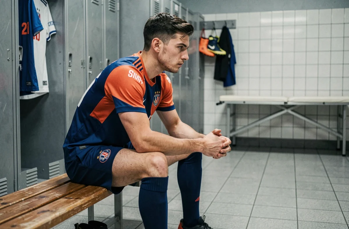 Joueur de football professionnel pensif dans les vestiaires, incertitude liée à la baisse des budgets en Ligue 1