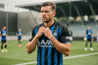 Joueur de l'Inter Milan en maillot rayé noir et bleu lors d'une séance d'entraînement sur le terrain