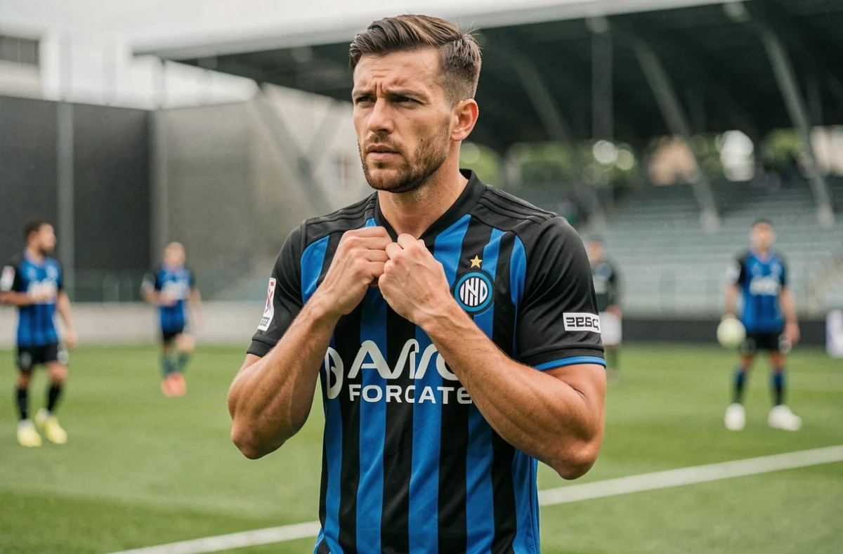 Joueur de l'Inter Milan en maillot rayé noir et bleu lors d'une séance d'entraînement sur le terrain