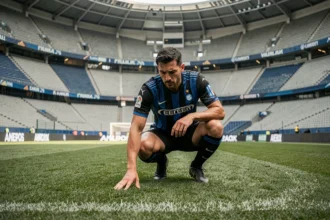 Joueur de l'Inter Milan inspectant le terrain du stade avant un match de Ligue des Champions