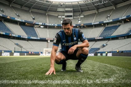 Joueur de l'Inter Milan inspectant le terrain du stade avant un match de Ligue des Champions