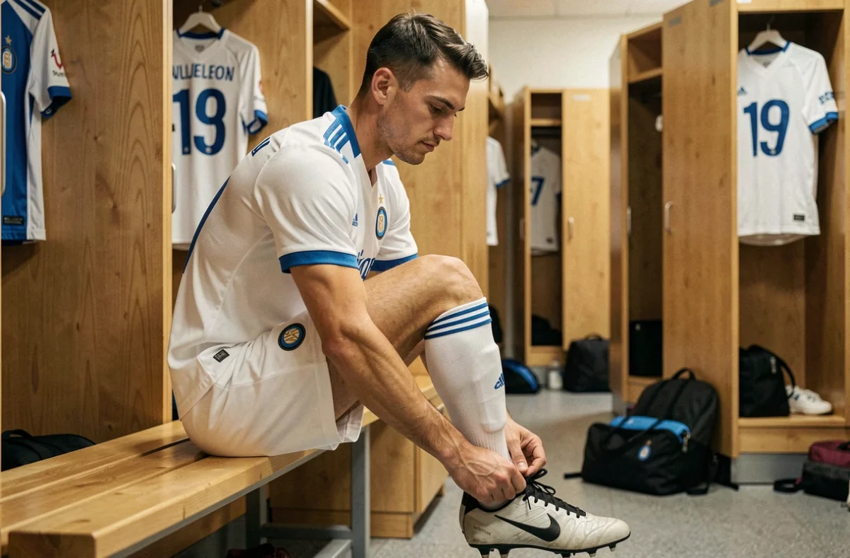 Joueur de l'Inter Milan dans le vestiaire en train de lacer ses crampons avant un match officiel
