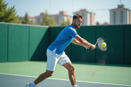 Joueur de padel en pleine action lors d'un match en extérieur
