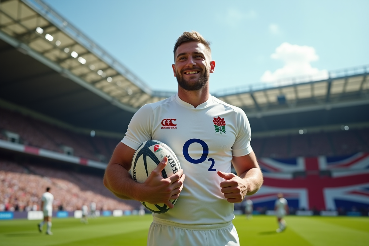 Joueur de rugby anglais fier dans le stade Twickenham avec ballon