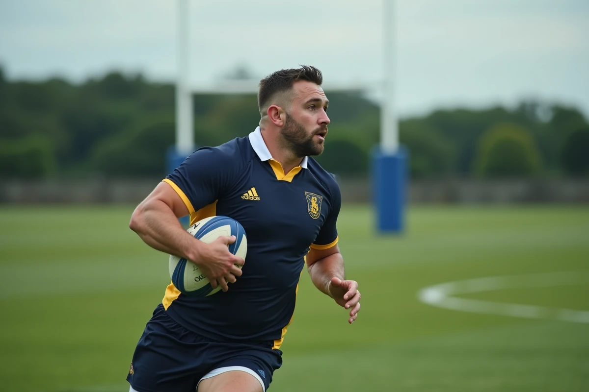Joueur de rugby Fédérale 2 courant ballon en main sur le terrain, jersey bleu et jaune, ambiance réaliste de match de championnat régional 2026