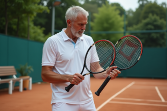 Joueur de tennis homme examinant deux raquettes en extérieur