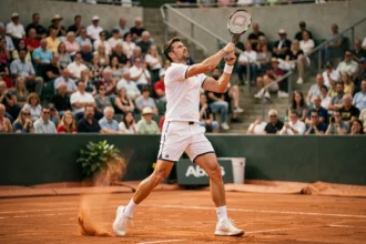 Joueur de tennis professionnel en action lors d'un service sur court en terre battue, évoquant la carrière de Stefan Edberg dans les grands tournois européens