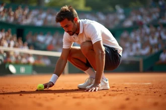 Joueur de tennis professionnel ramassant une balle sur un court en terre battue lors d'un tournoi P100