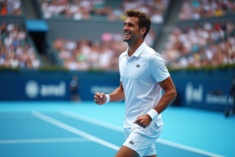 Jeune joueur de tennis en célébration sur court bleu