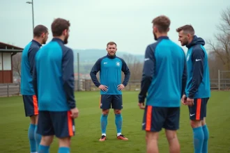Groupe de joueurs amateurs de football en cercle sur un terrain de district en Haute-Saône lors d'un entraînement d'automne