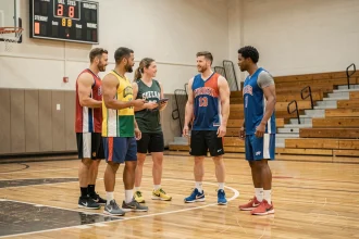 Joueurs de basket loisir en huddle consultant le chronomètre dans un gymnase communautaire