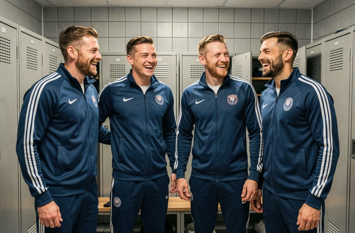 Groupe de joueurs de football professionnels dans un vestiaire de stade moderne, illustrant la hiérarchie et la dynamique d'équipe dans un club de football professionnel