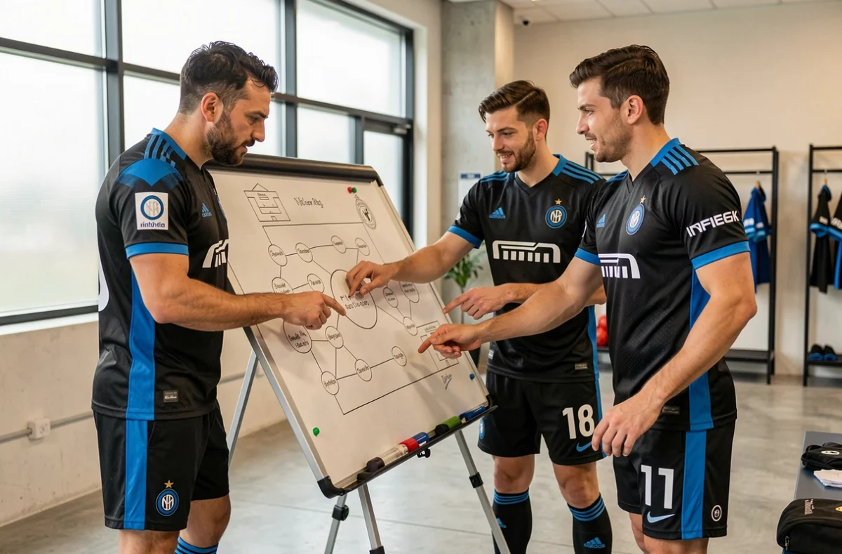 Joueurs de l'Inter Milan étudiant des stratégies tactiques en salle d'entraînement avant la Ligue des Champions 2026