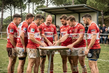 Joueurs de rugby amateurs en réunion tactique en bord de terrain lors d'un match du classement R1 Nouvelle-Aquitaine fin de saison 2026