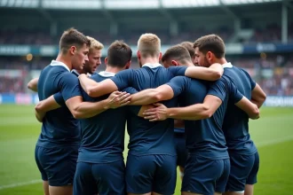 Joueurs de rugby U20 en huddle sur le terrain avant une demi-finale de Coupe du monde junior