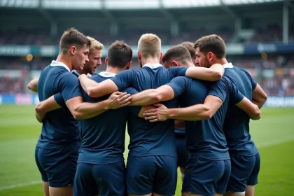 Joueurs de rugby U20 en huddle sur le terrain avant une demi-finale de Coupe du monde junior