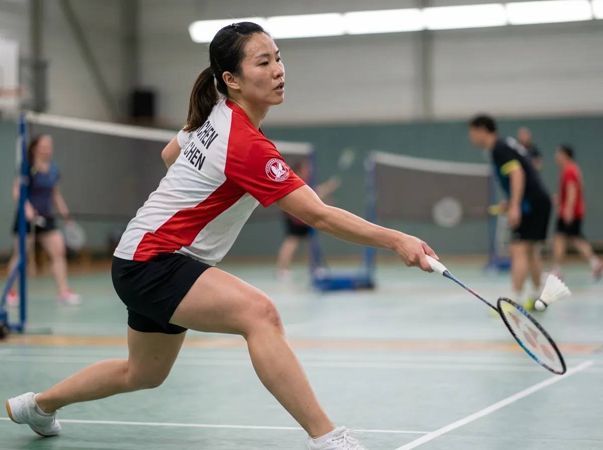 Joueuse de badminton en action portant un maillot personnalisé blanc et rouge lors d'un entraînement en salle