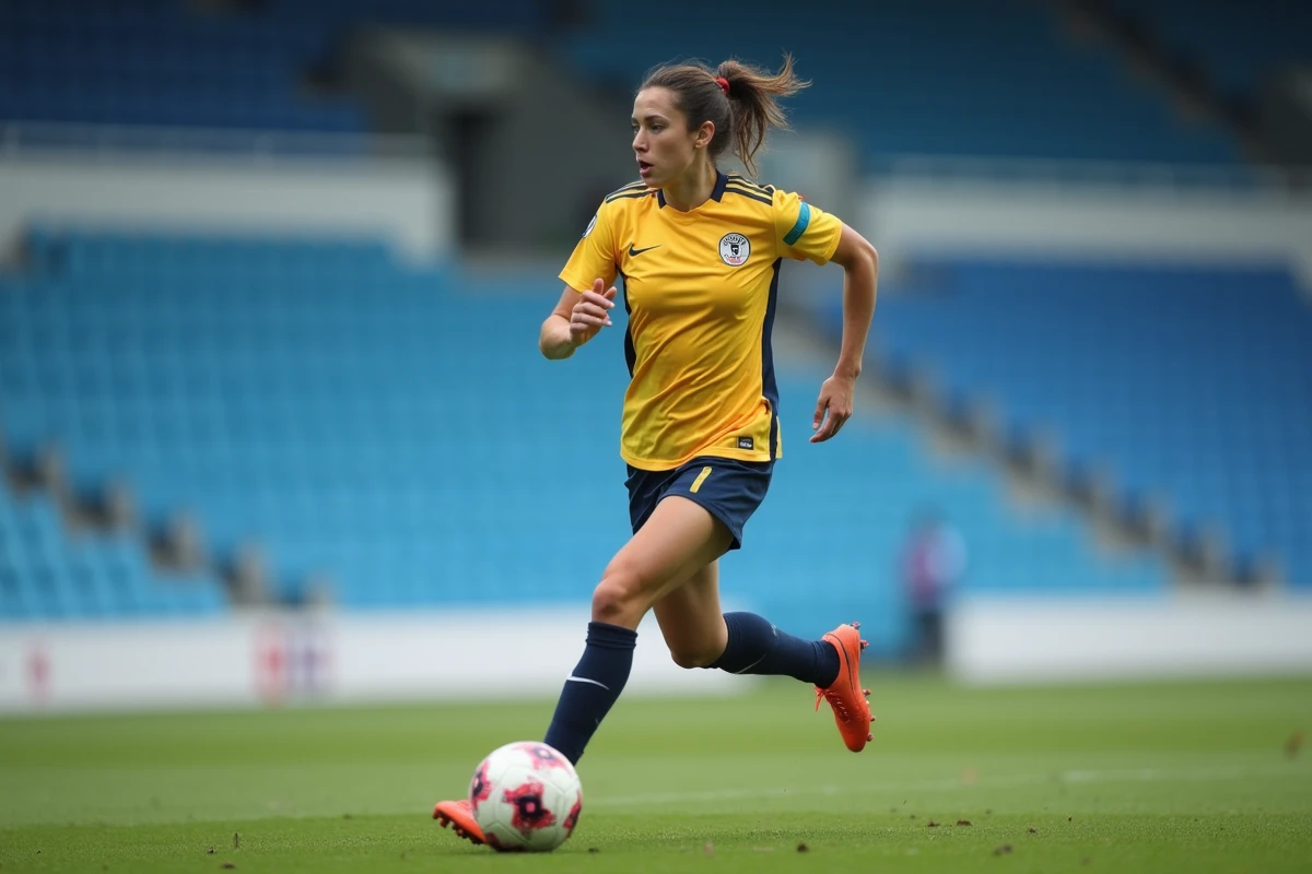Jeune joueuse de football féminin en plein sprint avec ballon sur un stade professionnel, atmosphère de mercato et opportunités sportives
