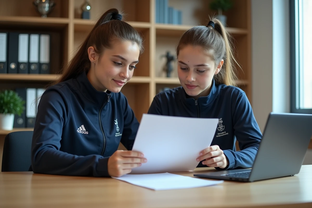 Deux jeunes joueuses de football féminin examinant un contrat de transfert dans un bureau de gestion sportive moderne