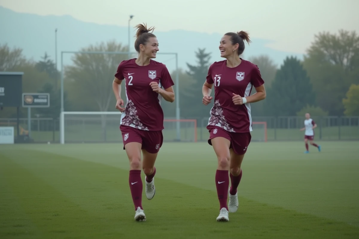 Deux joueuses adultes qui reprennent le football en courant sur un terrain de district en Haute-Saône au petit matin