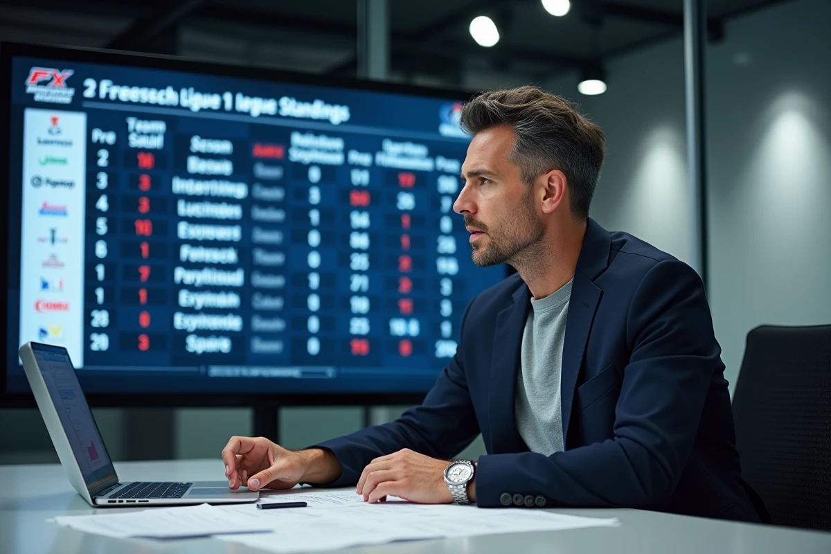 Journaliste sportif analysant le classement de Strasbourg en Ligue 1 sur plusieurs saisons devant un écran de données