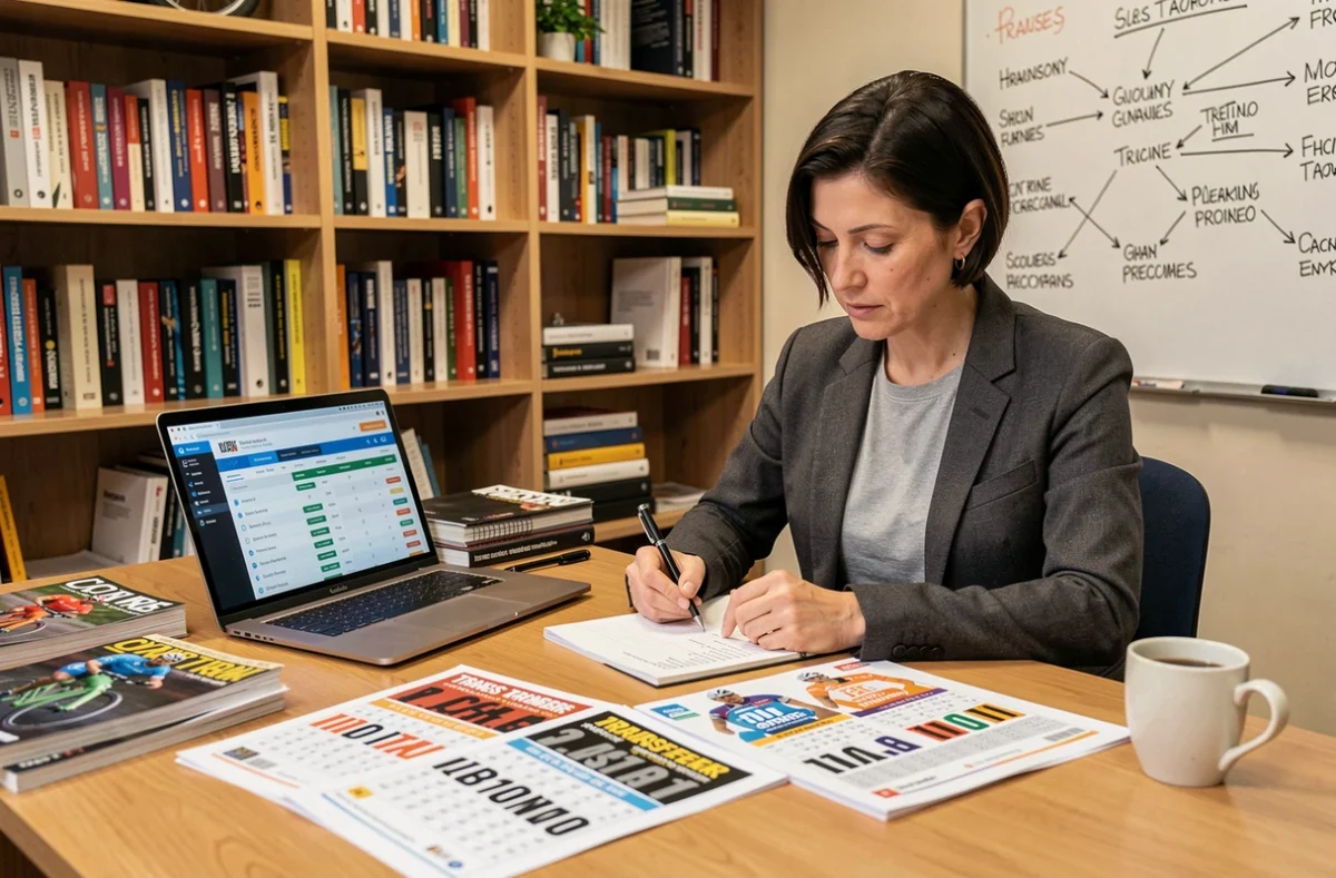 Journaliste sportive analysant les transferts du mercato cyclisme 2026 avec des documents et un ordinateur portable dans un bureau de presse