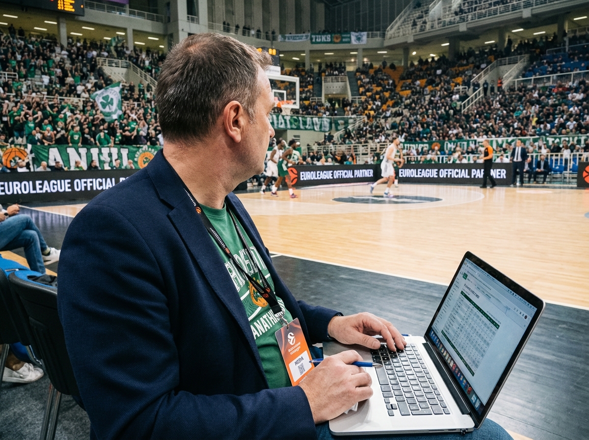 Journaliste sportif dans l arena de basketball en direct