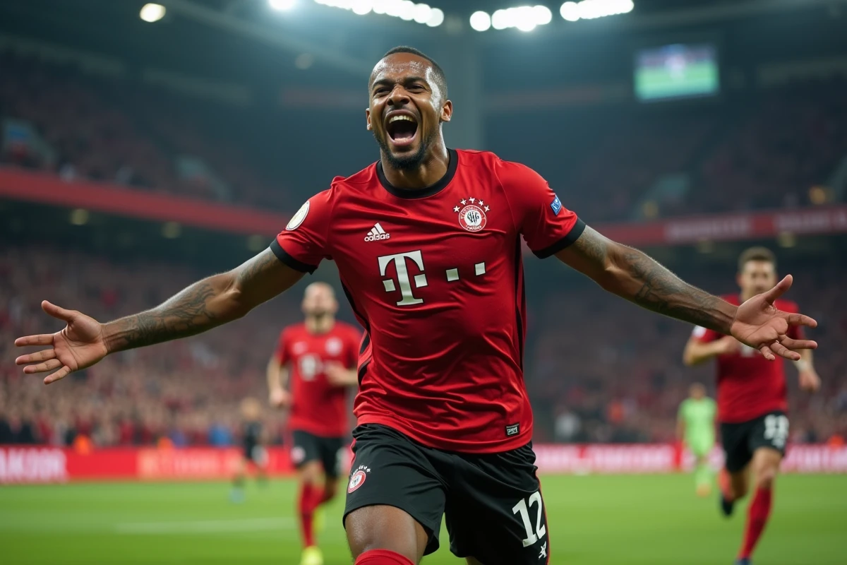 Kolo Muani célébrant un but sous le maillot de l'Eintracht Francfort lors d'un match européen devant un stade comble
