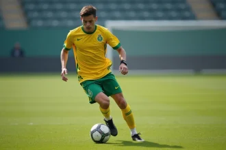 Kylian Kolo Muani en action avec le maillot du FC Nantes, dribblant sur le terrain d'entraînement lors de ses débuts professionnels