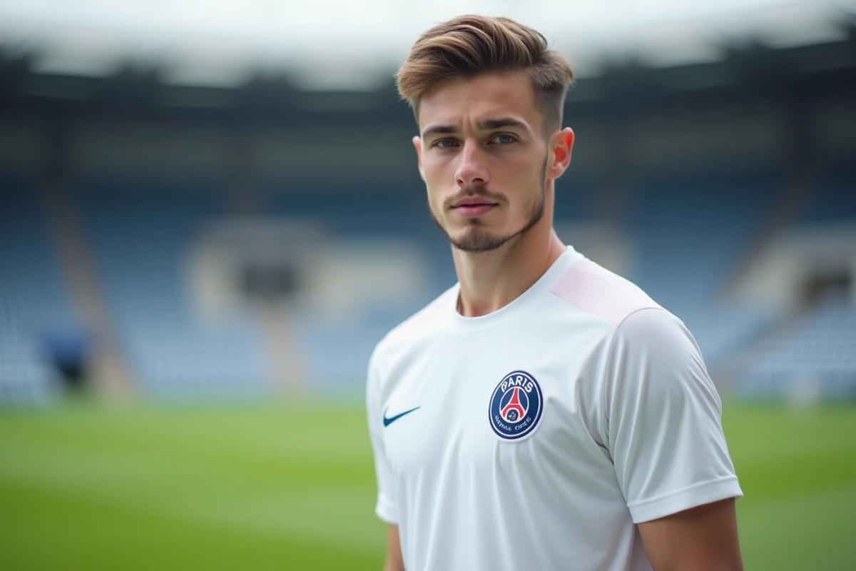 Kolo Muani en tenue d'entraînement du Paris Saint-Germain devant les installations du club, portrait éditorial professionnel