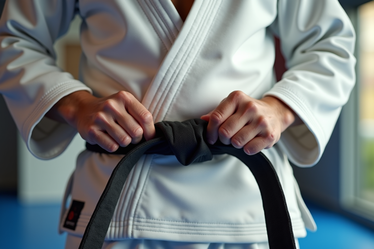 Mains nouant une ceinture de JiuJitsu sur un kimono blanc