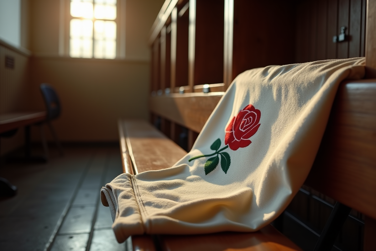 Maillot de rugby angleterre sur un banc en vestiaire ancien